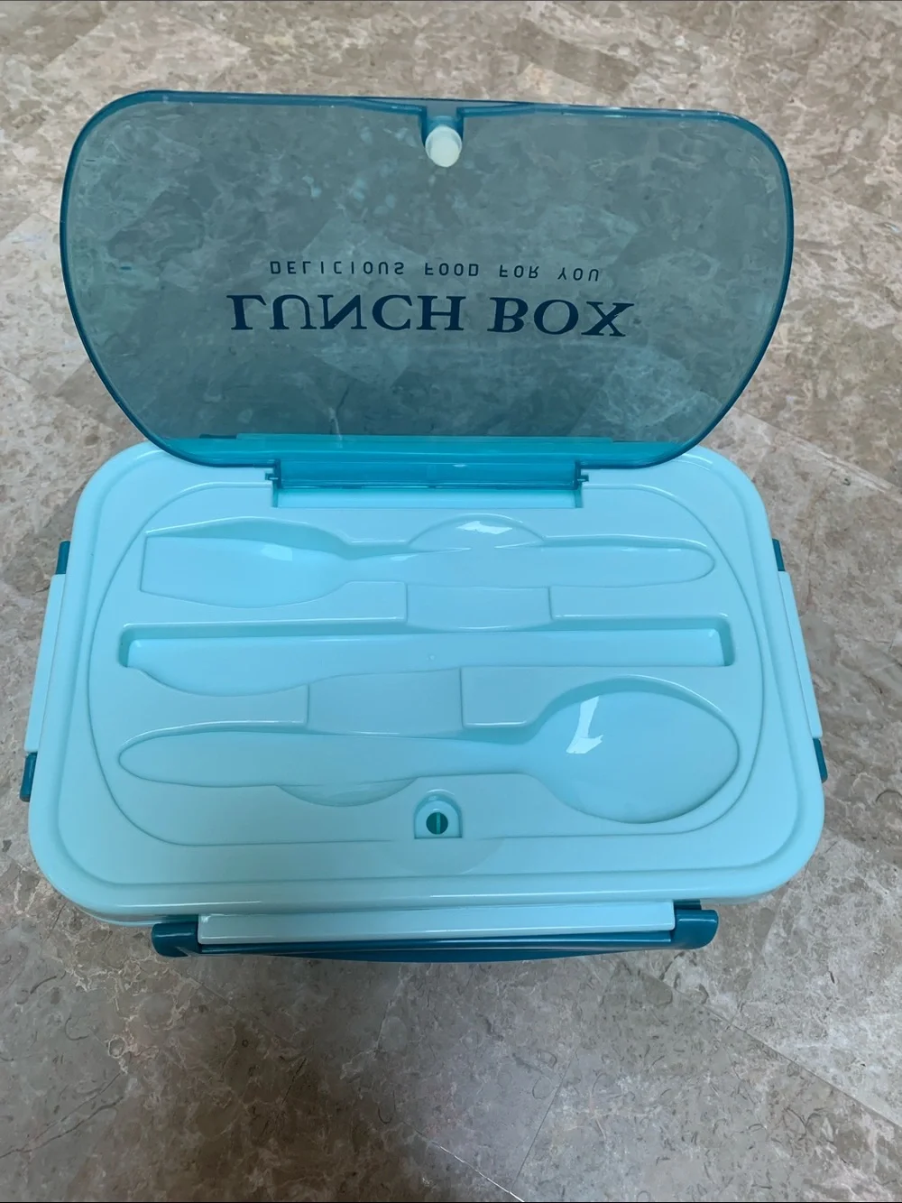 Cute Aqua Blue Lunch Box. NOT included tableware. Pre-Owned. Standard size.